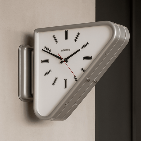 Triangular wall clock with metallic frame on a neutral background