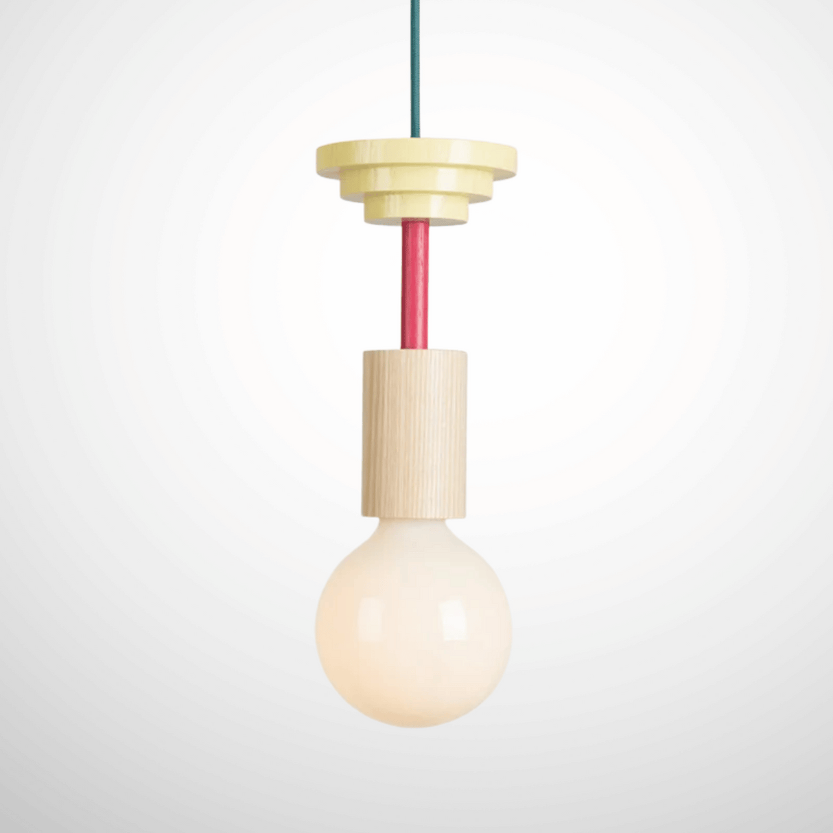 Minimalist pendant light with wooden fixture and exposed bulb on a white background
