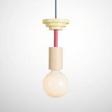 Minimalist pendant light with wooden fixture and exposed bulb on a white background