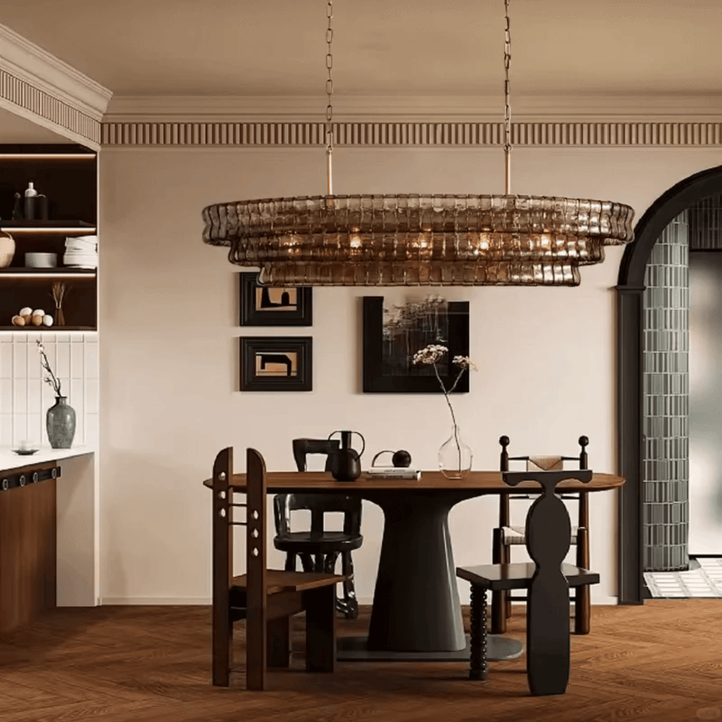 Dining room with a modern chandelier, wooden table, and chairs.