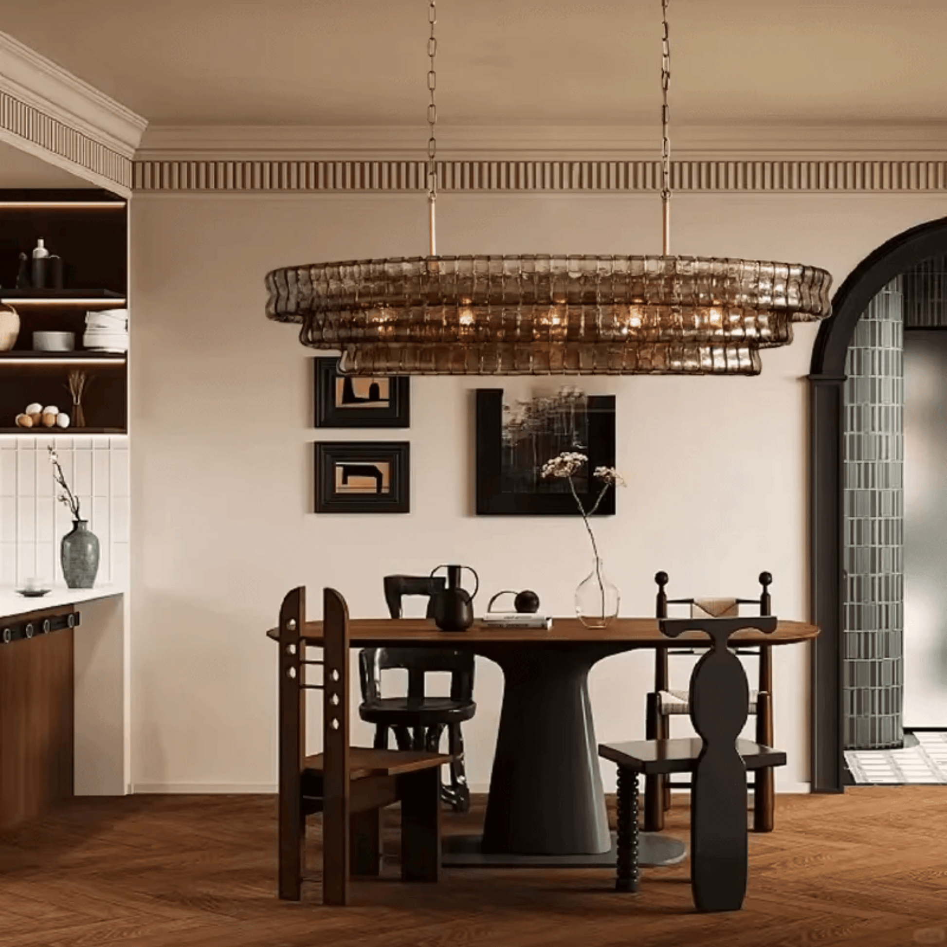 Dining room with a modern chandelier, wooden table, and chairs.