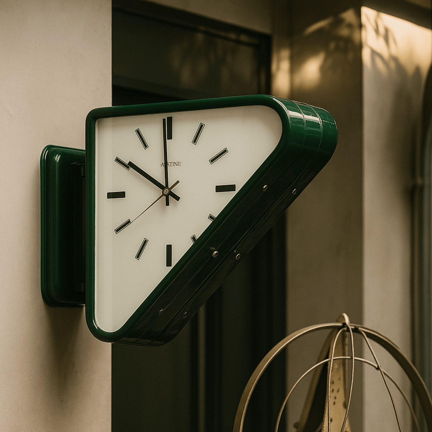 Green wall clock on a light-colored wall with a plant in the foreground