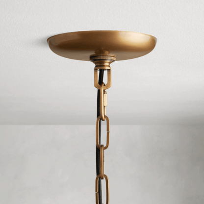 Brass pendant light fixture on a white background
