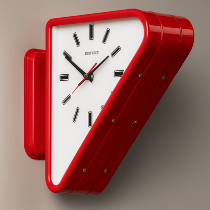 Red wall clock with white face on a gray background
