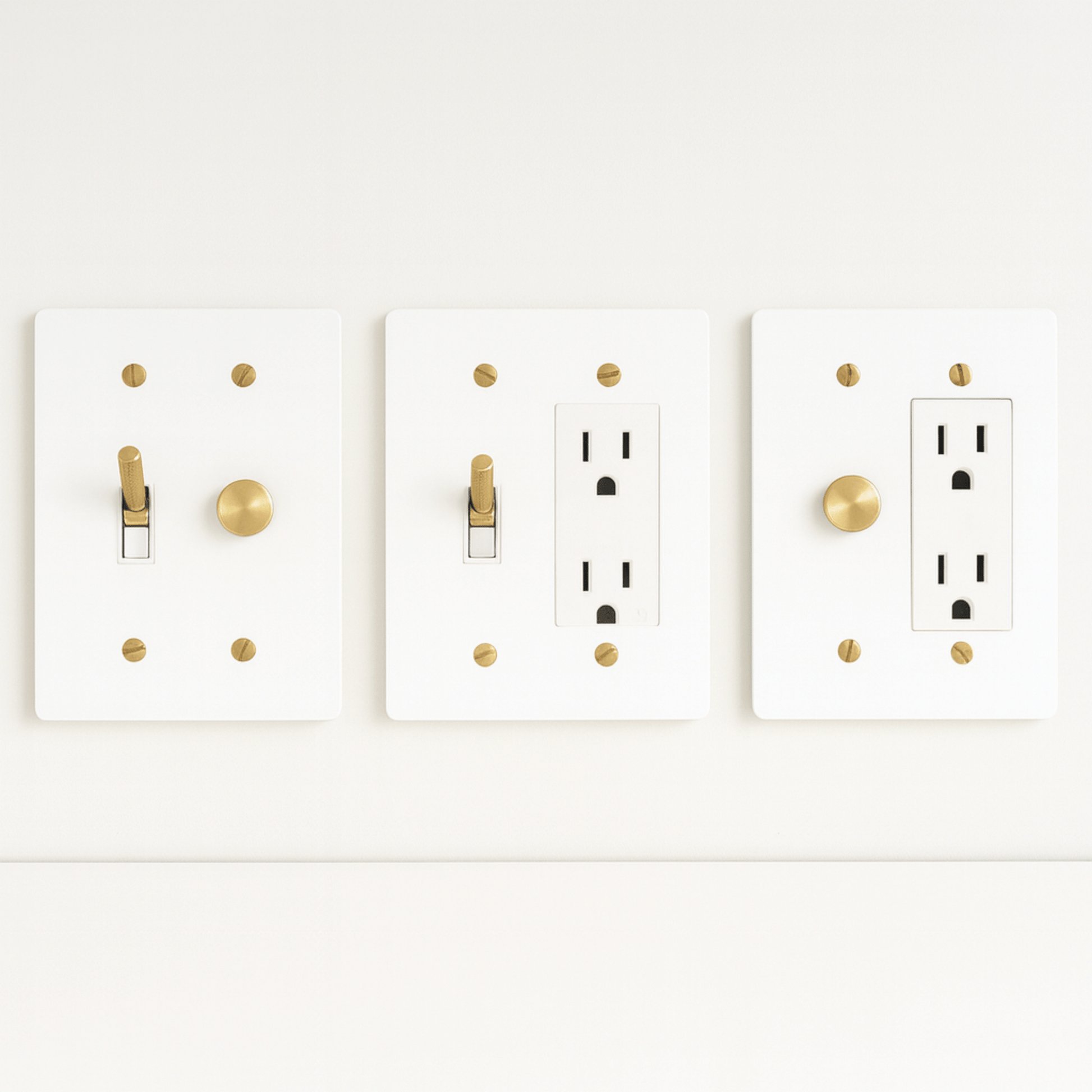 Three white light switch and outlet covers with gold accents on a white background