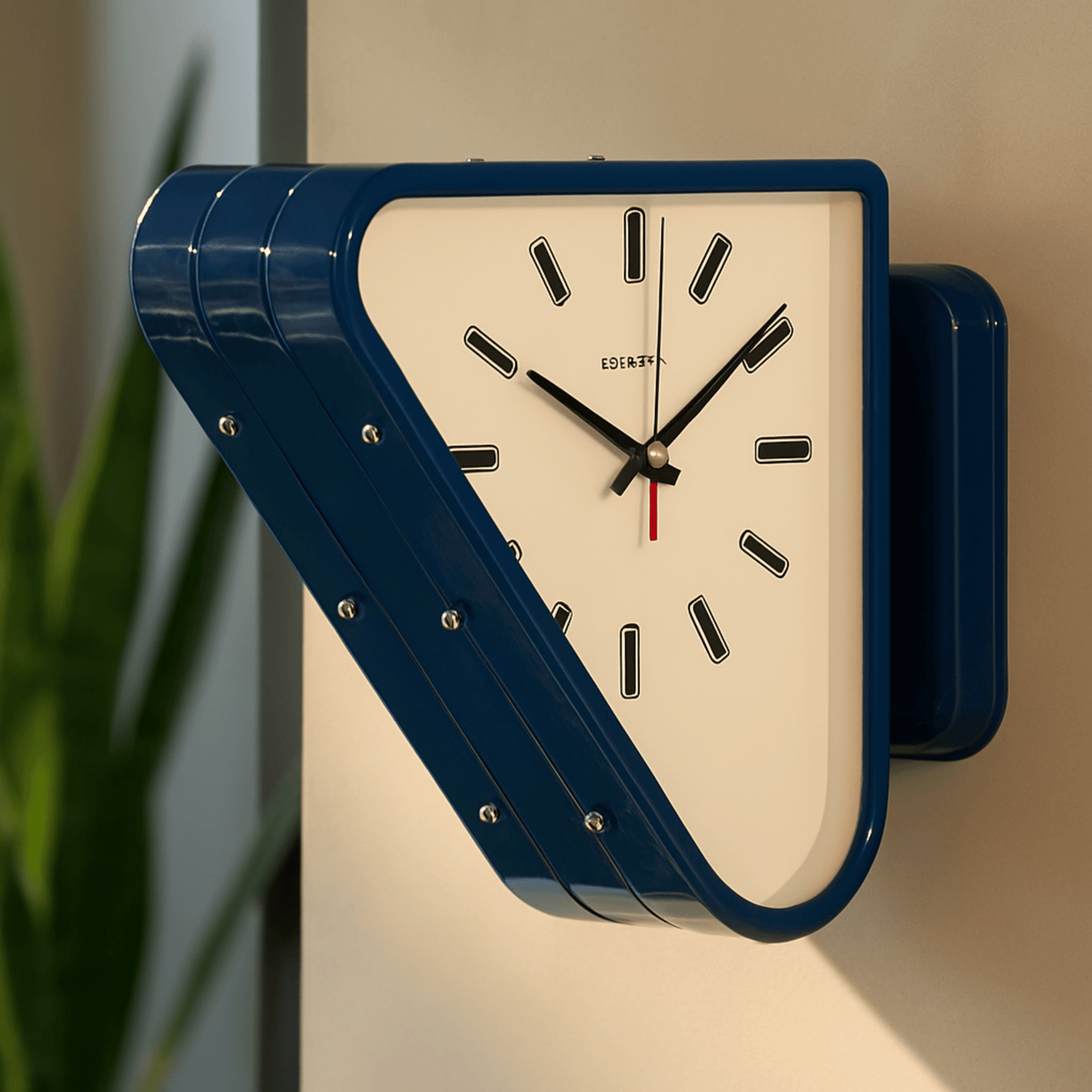 Triangular wall clock with blue frame and beige face on a beige wall.