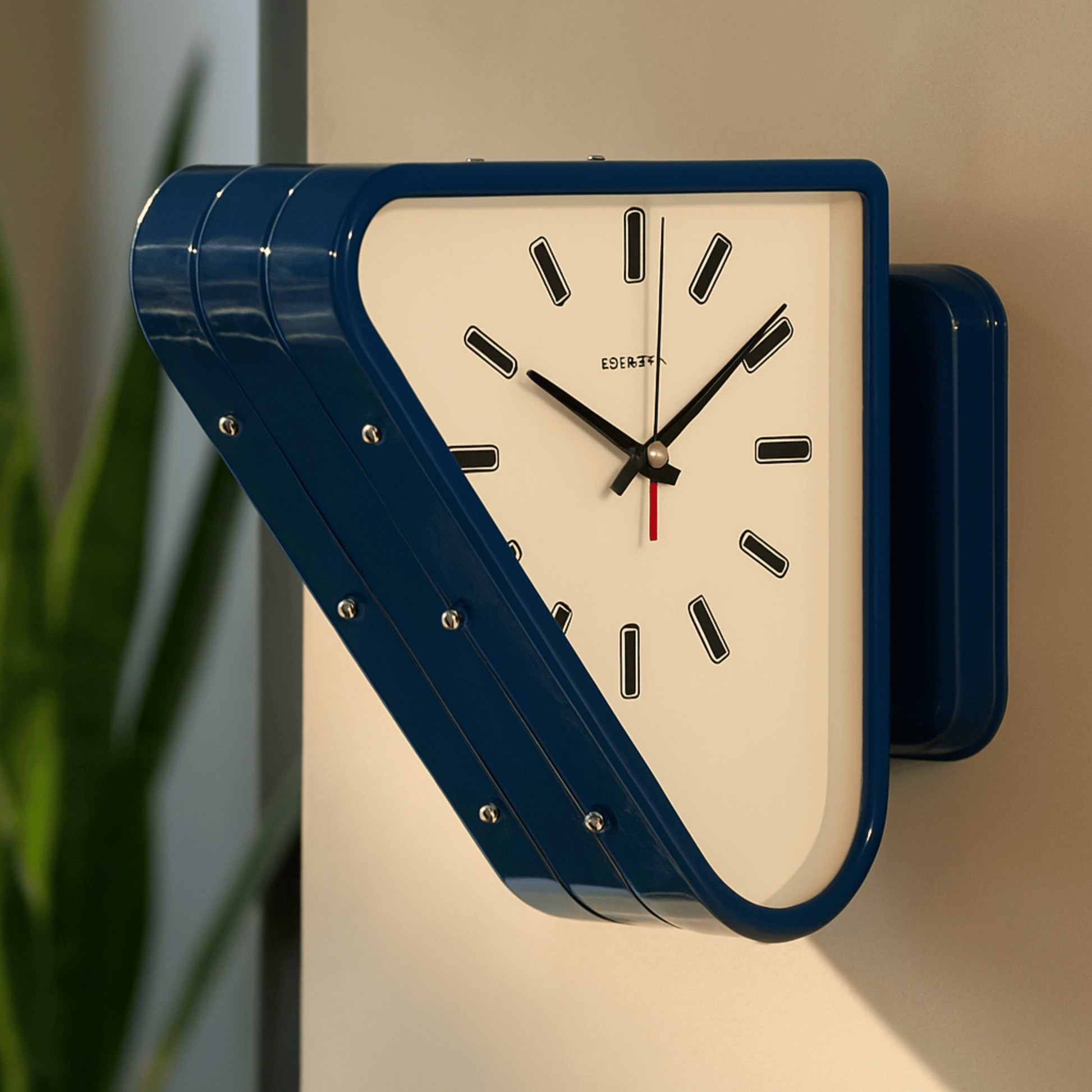 Triangular wall clock with blue frame and beige face on a beige wall.