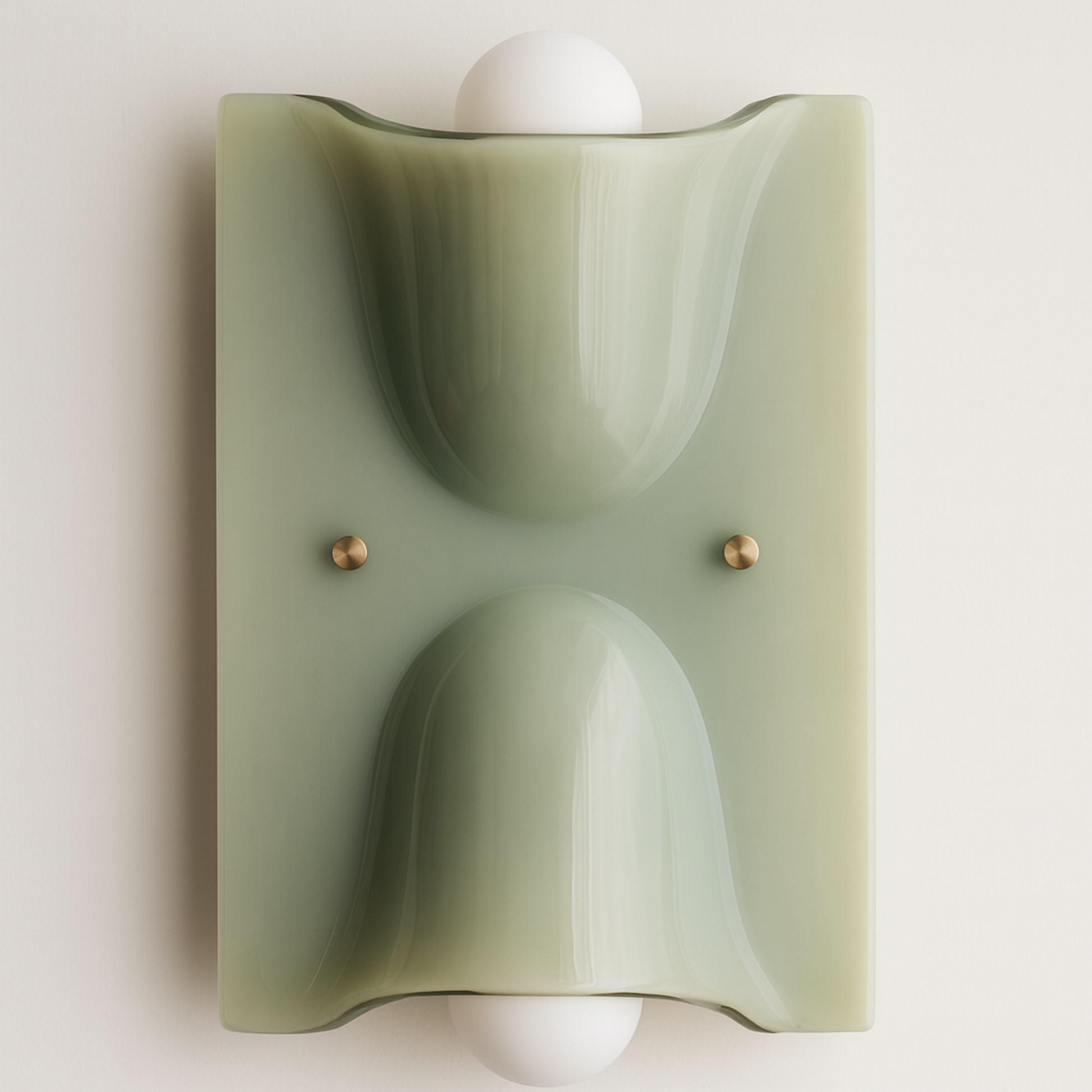 Green wall sconce with a white bulb on a light beige background