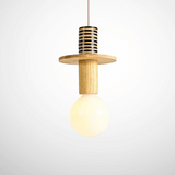 Wooden pendant light with a lit bulb on a white background