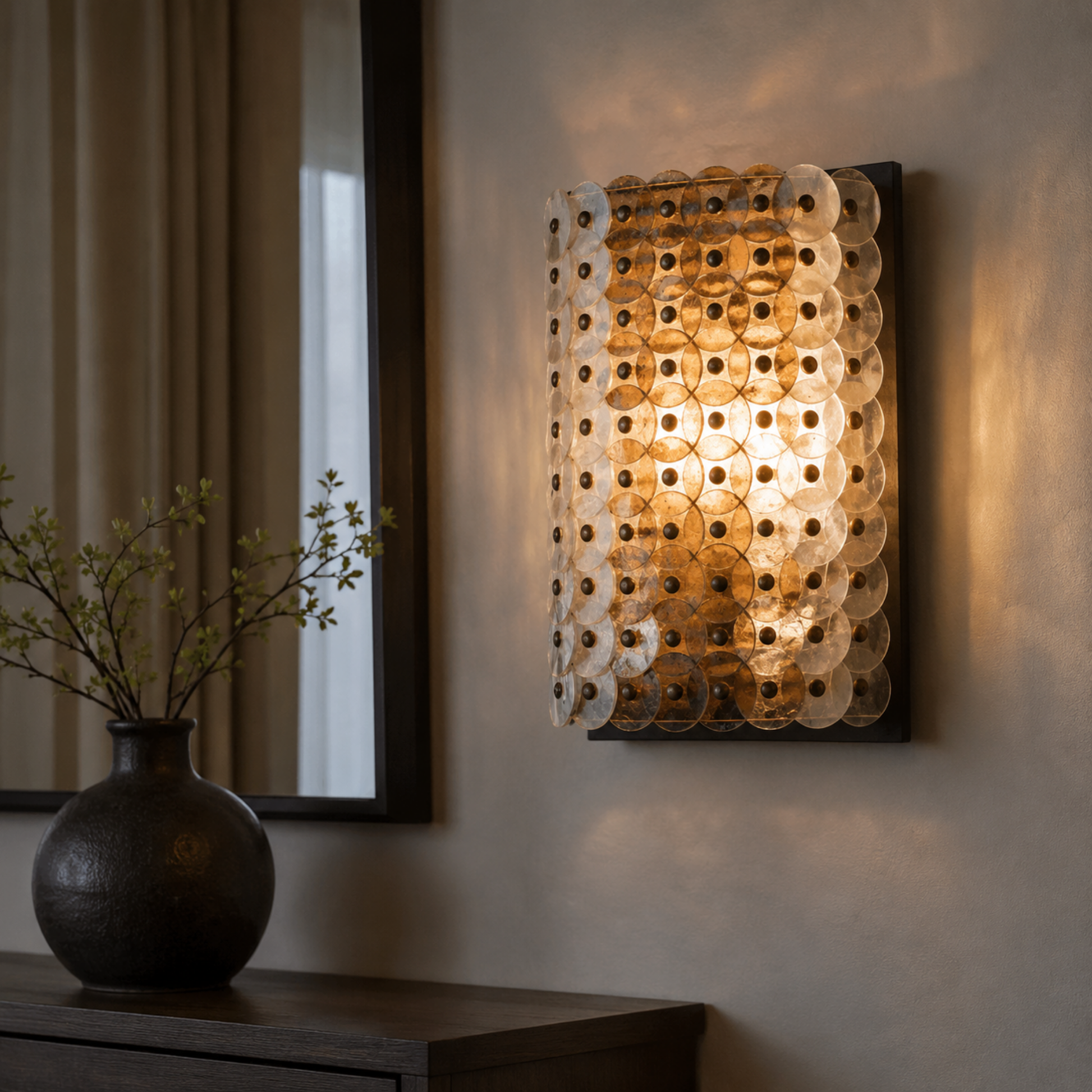 Decorative wall sconce with a vase and plant on a table in a room setting