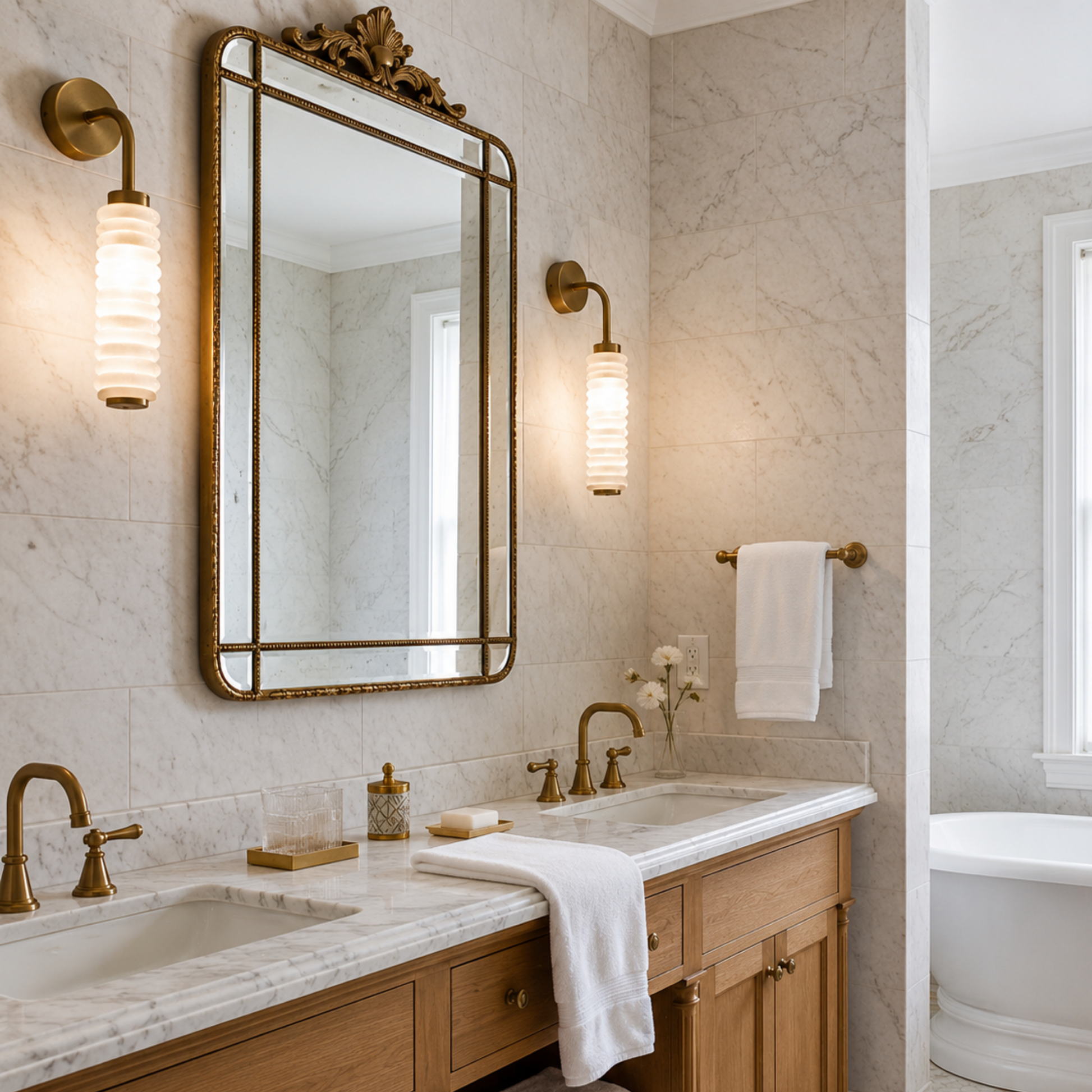 Bathroom with marble countertop, wooden vanity, and large mirror.