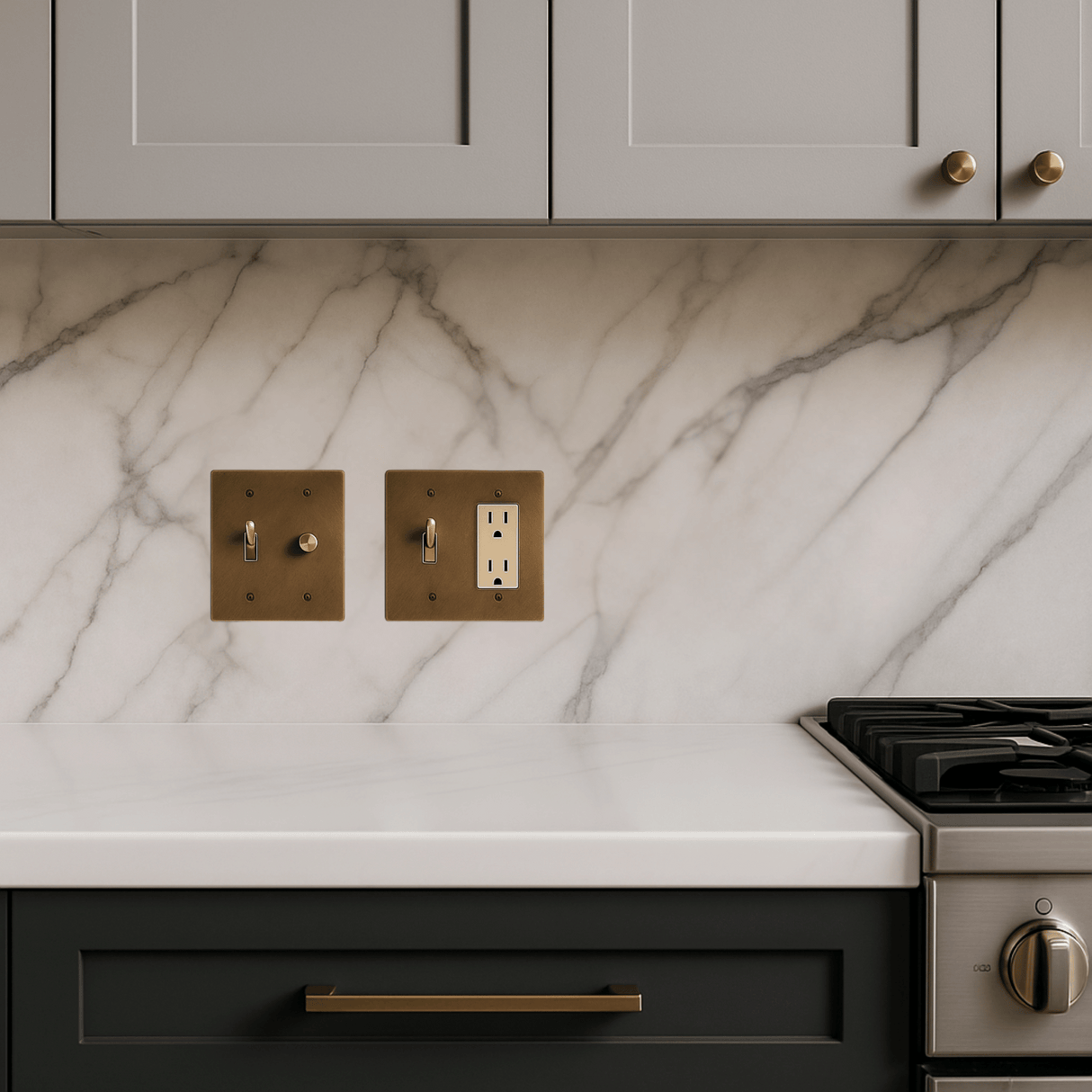 Kitchen with marble backsplash, wooden wall outlets, and stainless steel stove.