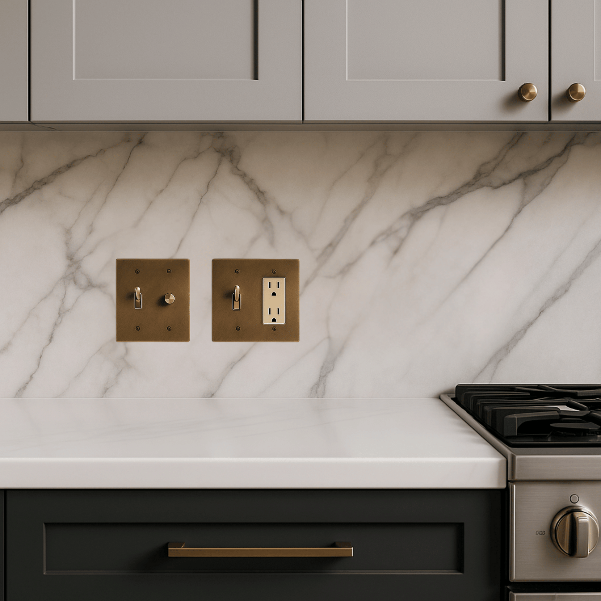 Kitchen with marble backsplash, wooden wall outlets, and stainless steel stove.