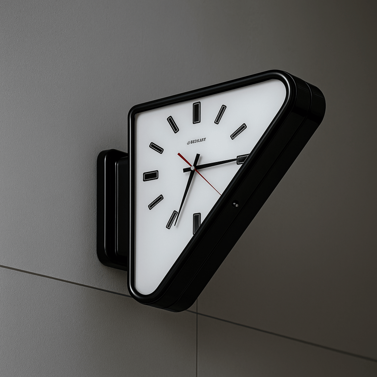 Triangular wall clock with black frame and white face on a gray wall