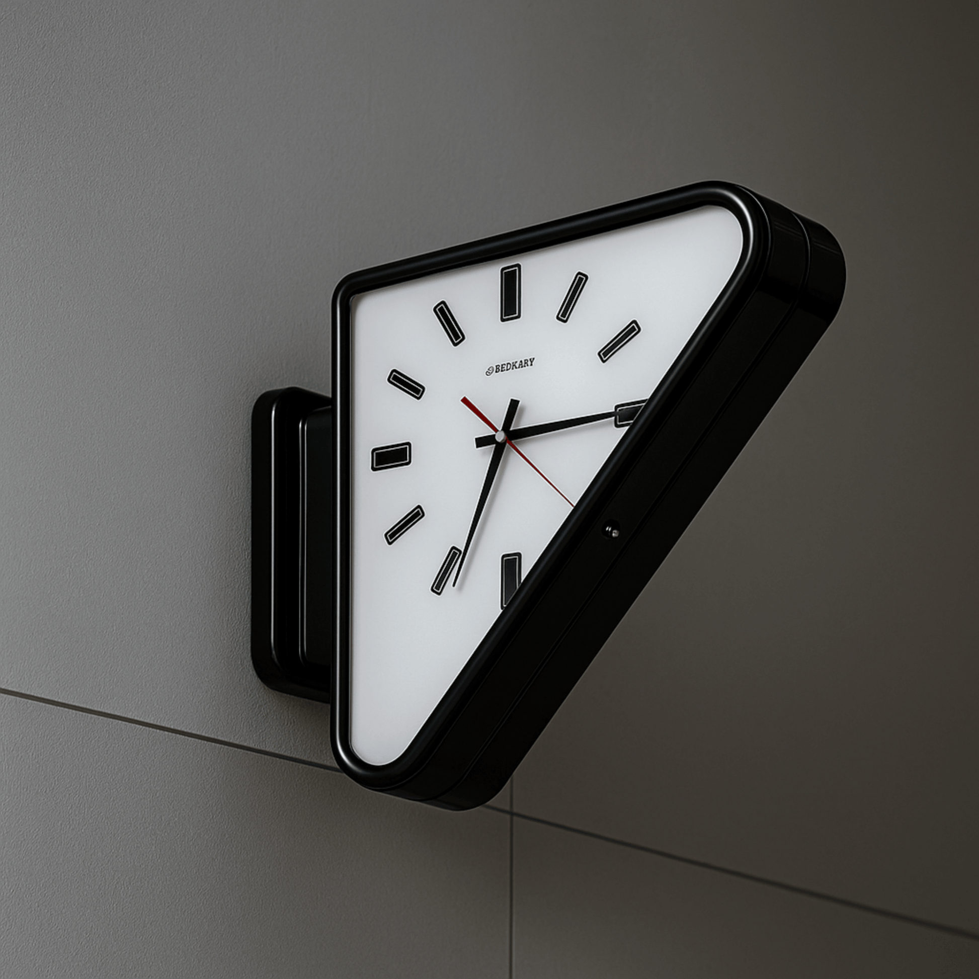 Triangular wall clock with black frame and white face on a gray wall