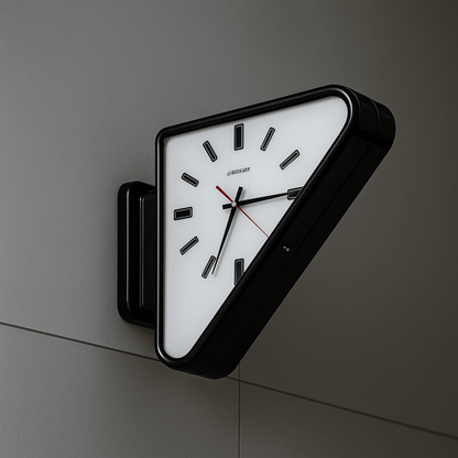 Triangular wall clock with black frame and white face on a gray wall