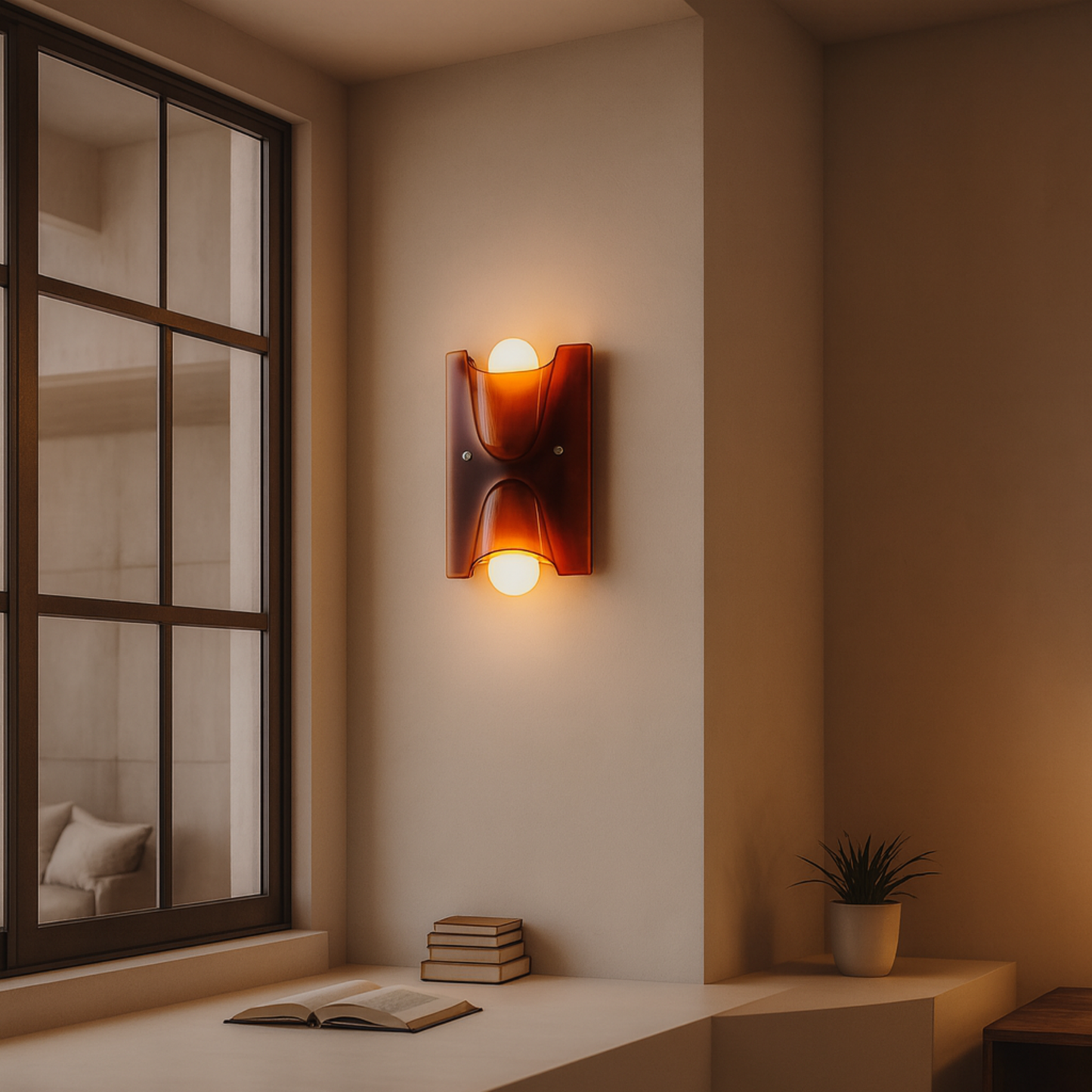 Wall-mounted lamp casting a warm glow in a room with a window and small table.