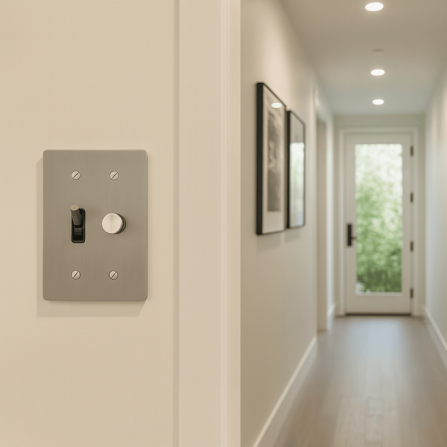 Light switch panel on a wall with a blurred hallway in the background