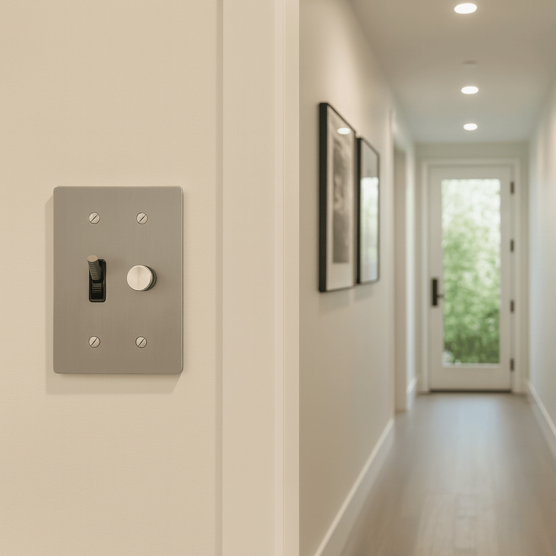 Light switch panel on a wall with a blurred hallway in the background
