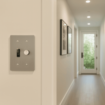 Light switch panel on a wall with a blurred hallway in the background