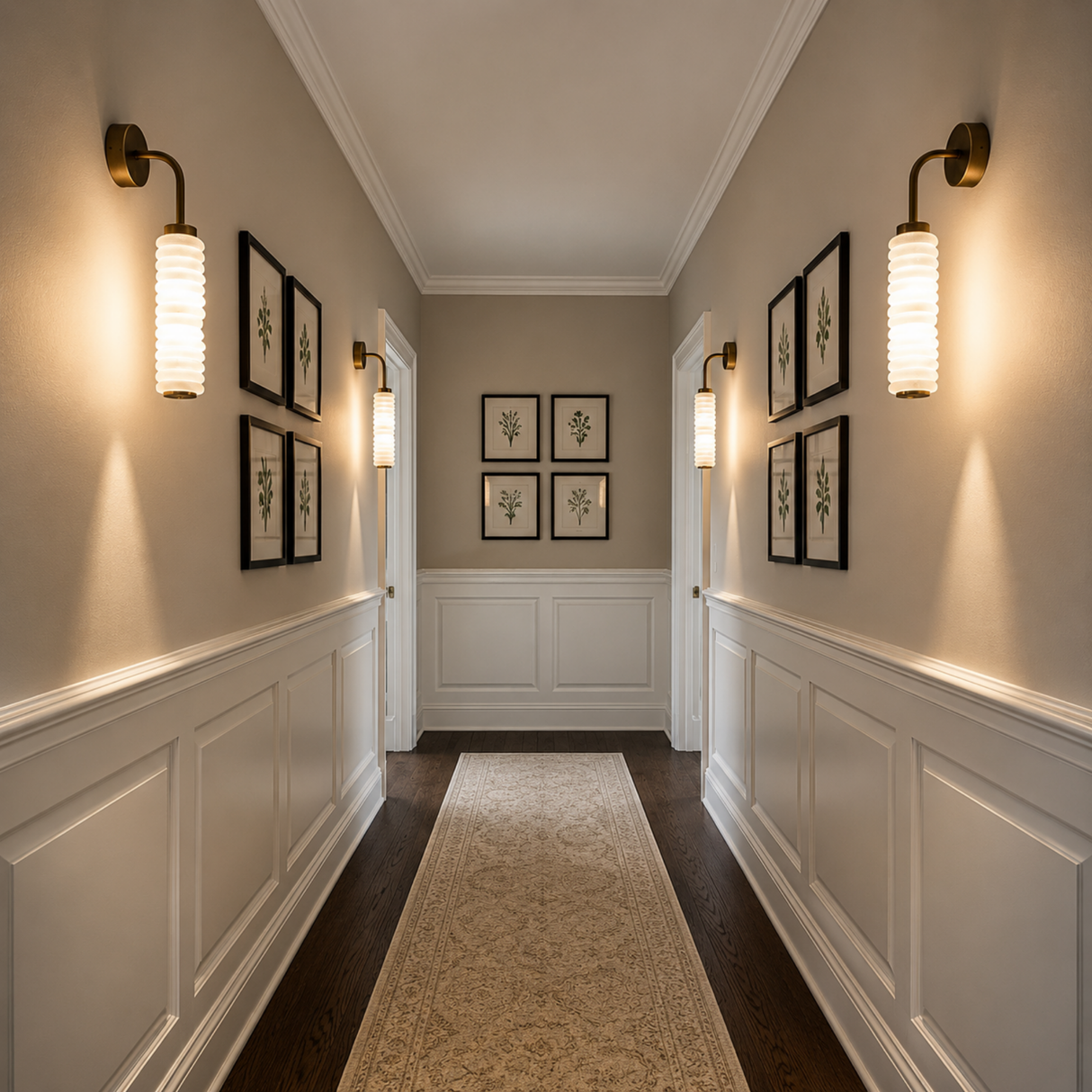 Elegant hallway with decorative wall lights, framed pictures, and a runner.