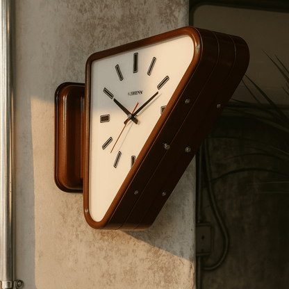 Wall clock with brown frame on a textured wall