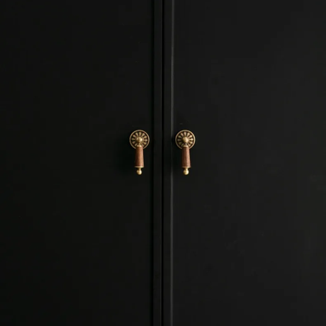 Black cabinet with gold handles on a black background