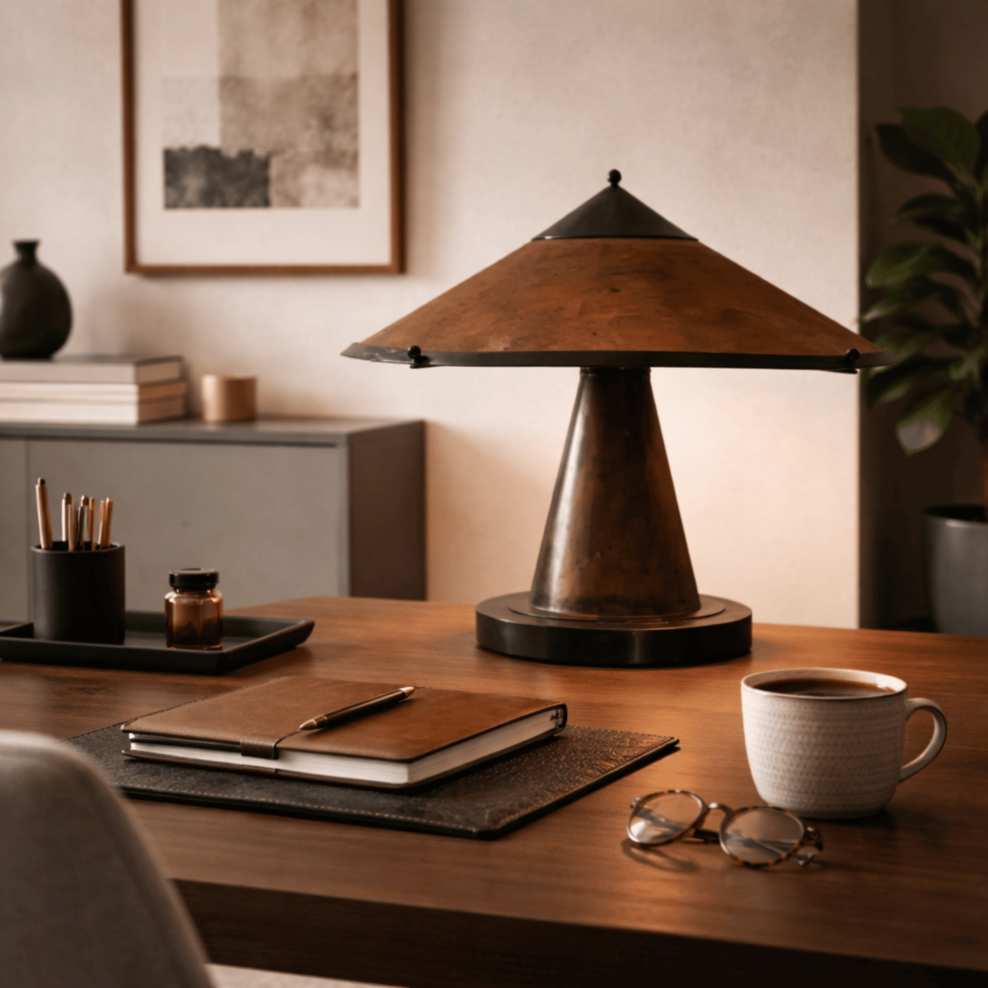 Decorative table lamp on a desk with a notebook, pen, and coffee cup.