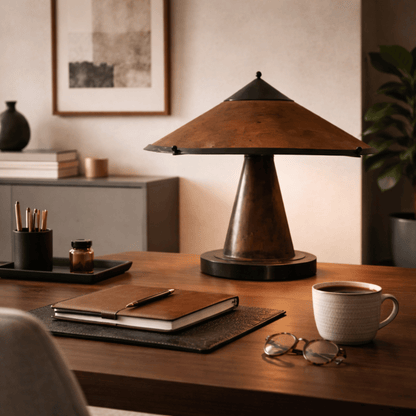 Decorative table lamp on a desk with a notebook, pen, and coffee cup.