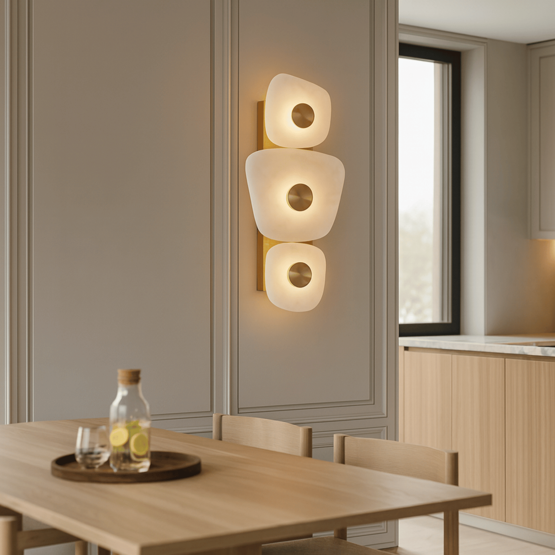 Modern wall sconce in a dining room setting with a wooden table and decor.