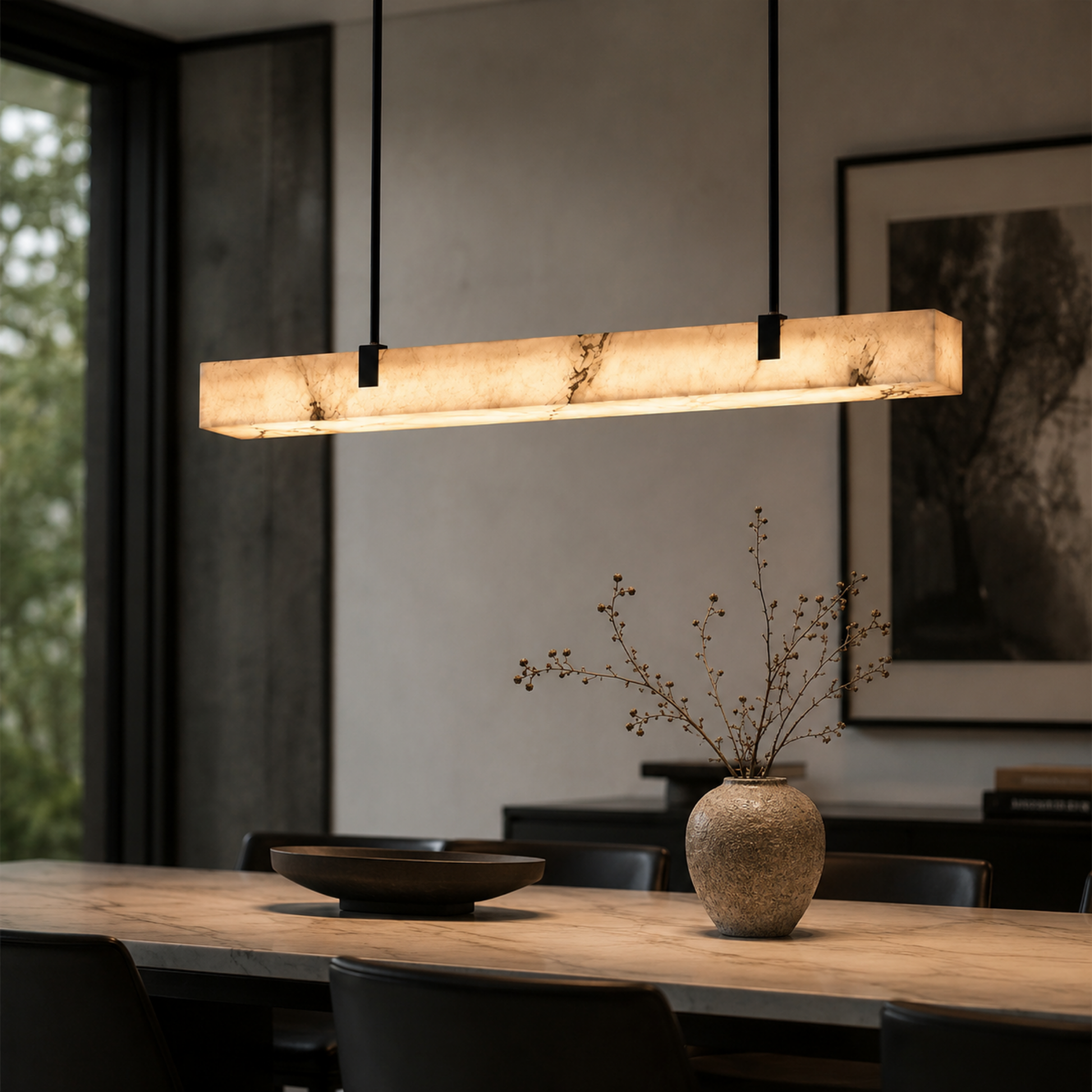 Modern pendant light over a dining table with a vase of branches.