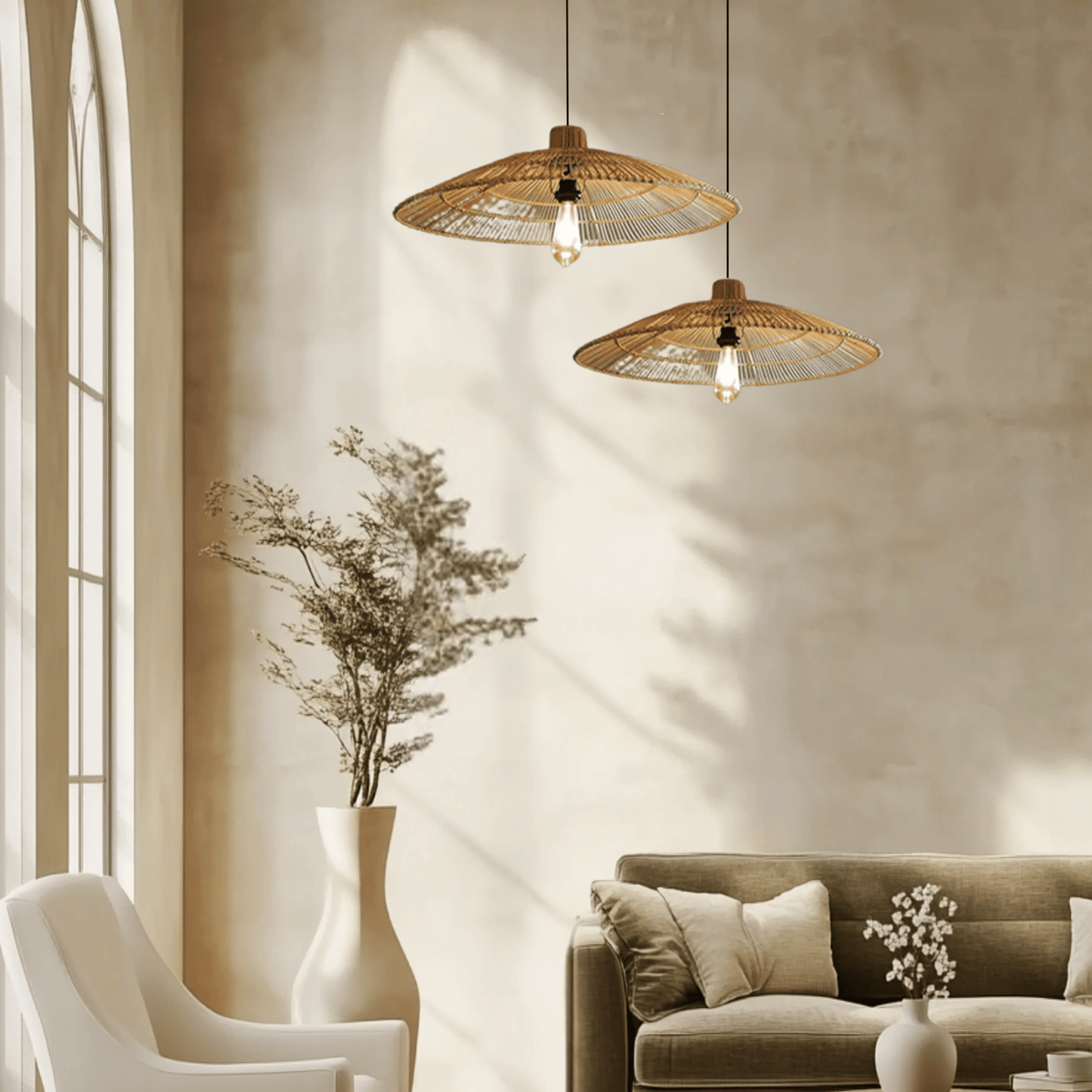 Combo Nordic Umbrella Handmade Rattan Lamp in living room 