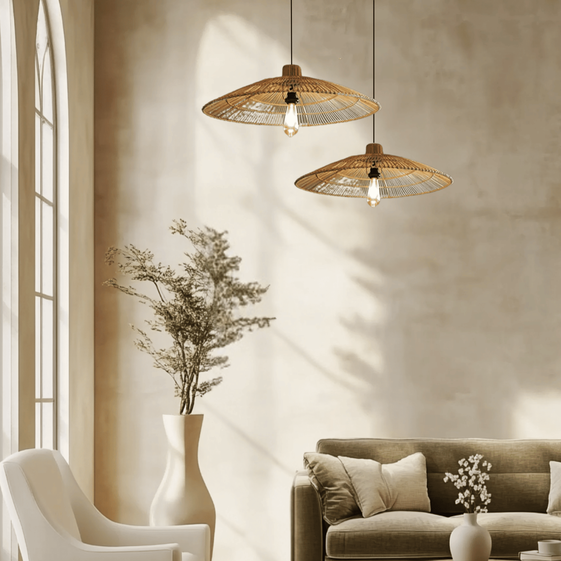 Combo Nordic Umbrella Handmade Rattan Lamp in living room 
