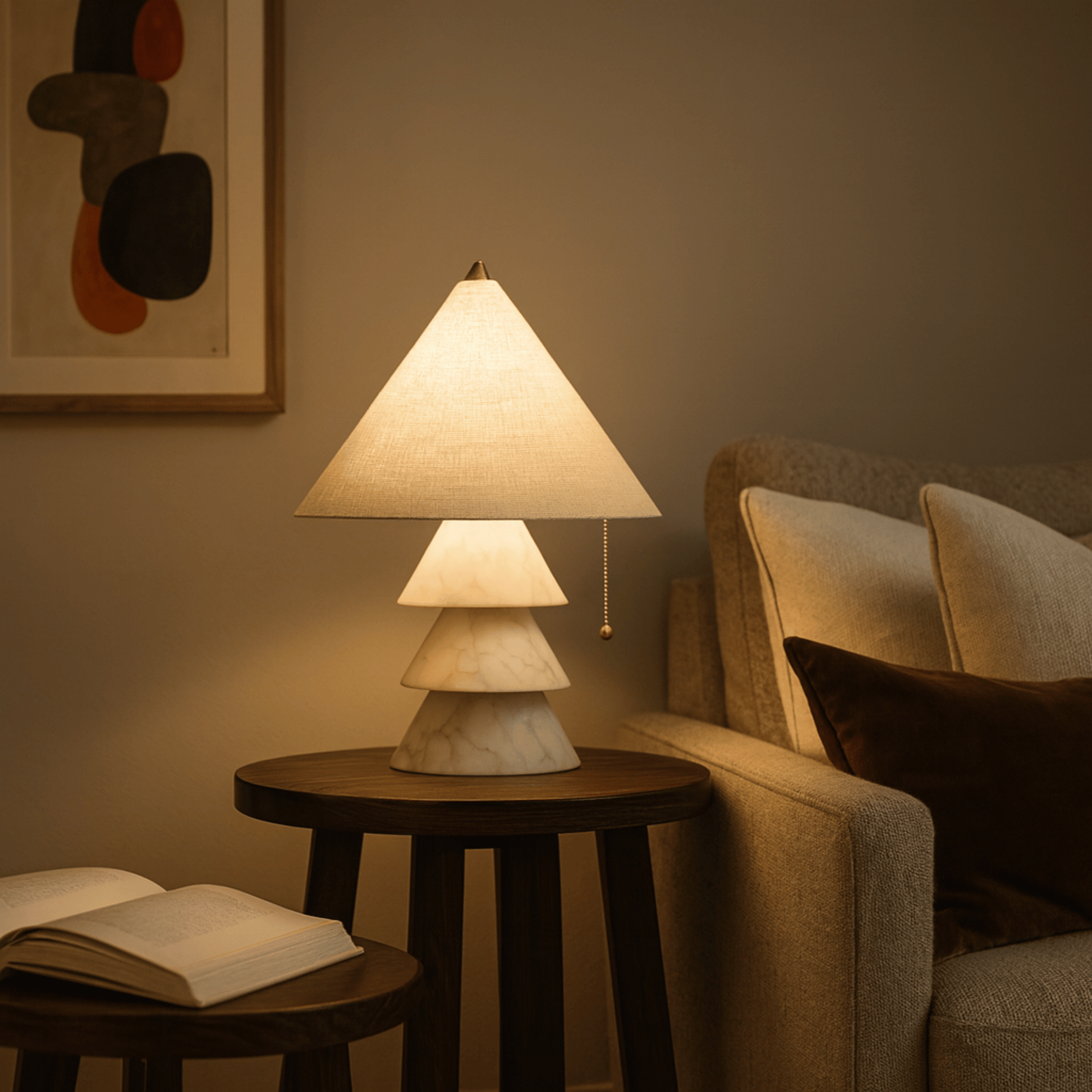 Lamp on a wooden side table next to a sofa with an open book
