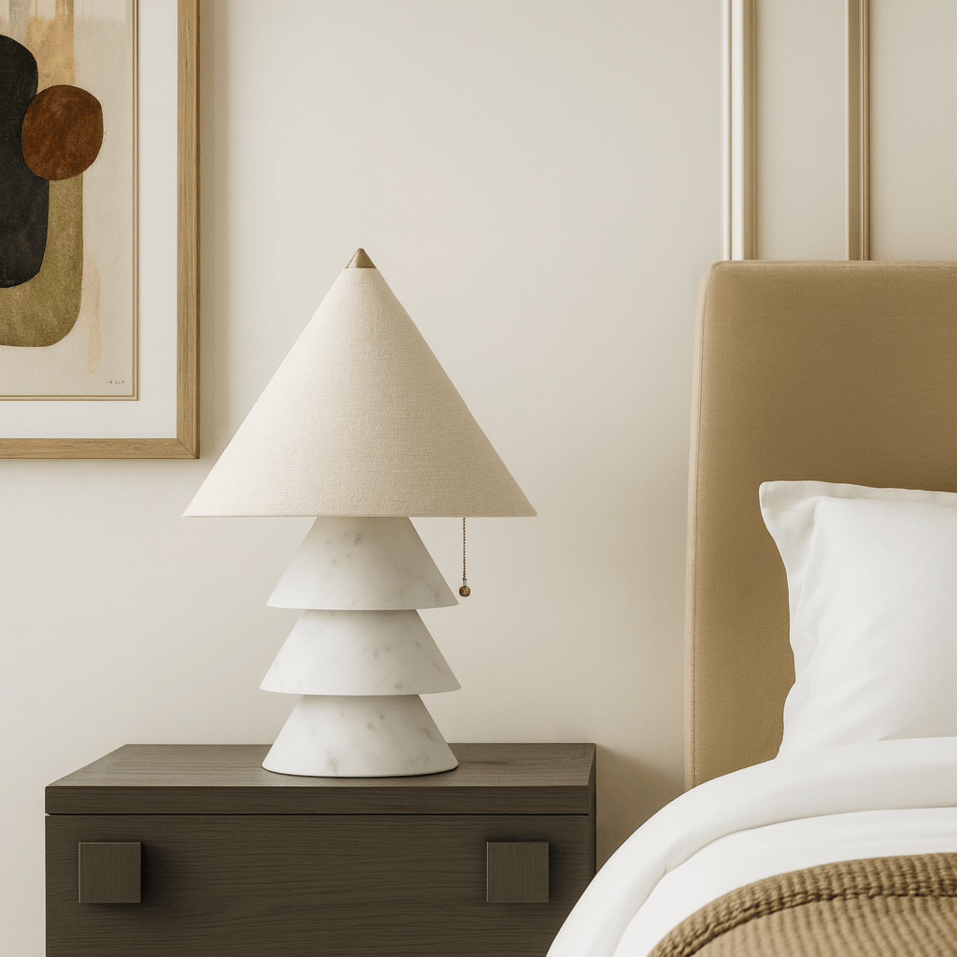 White cone-shaped lamp on a wooden nightstand next to a bed with beige headboard