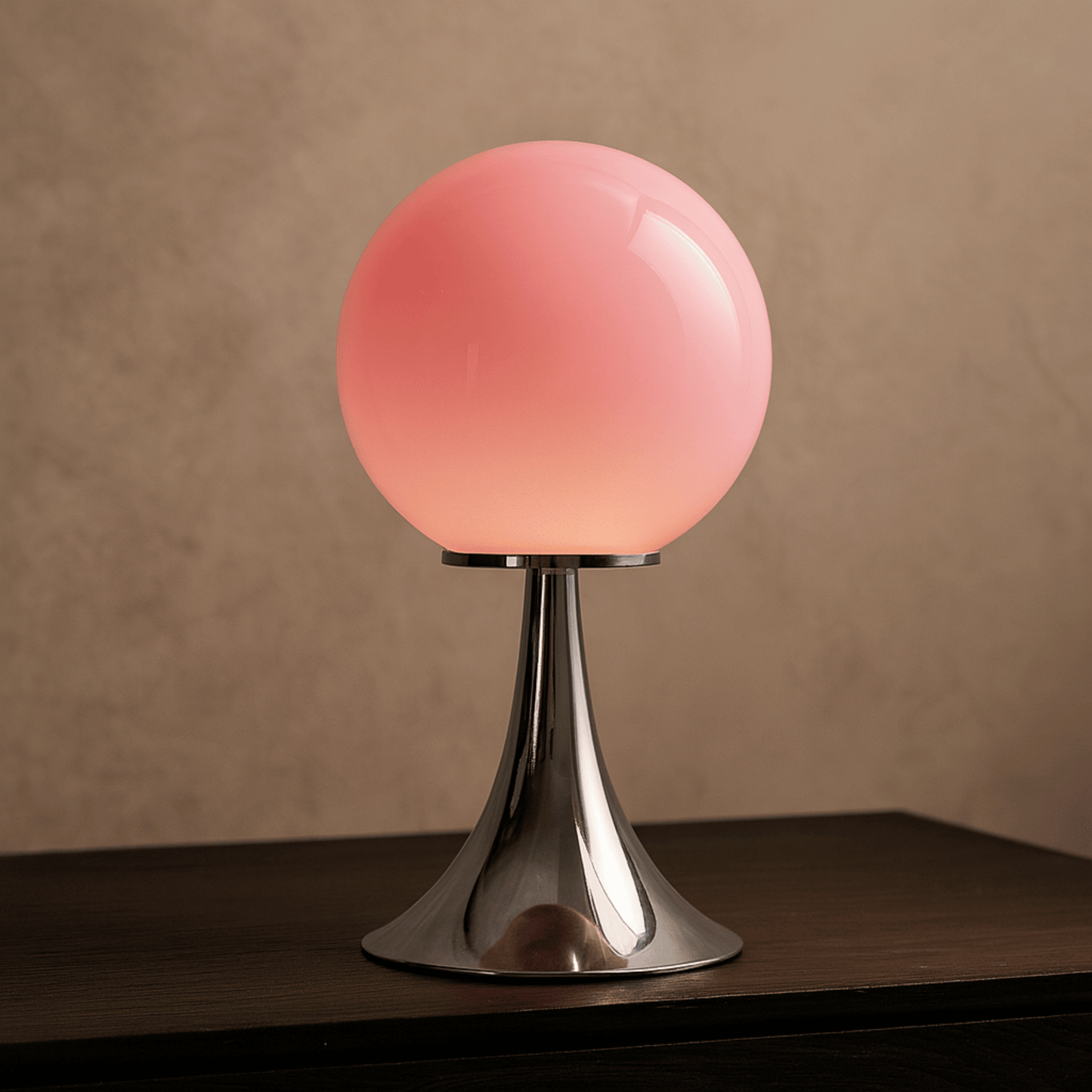 Pink spherical lamp on a metallic base against a beige wall.
