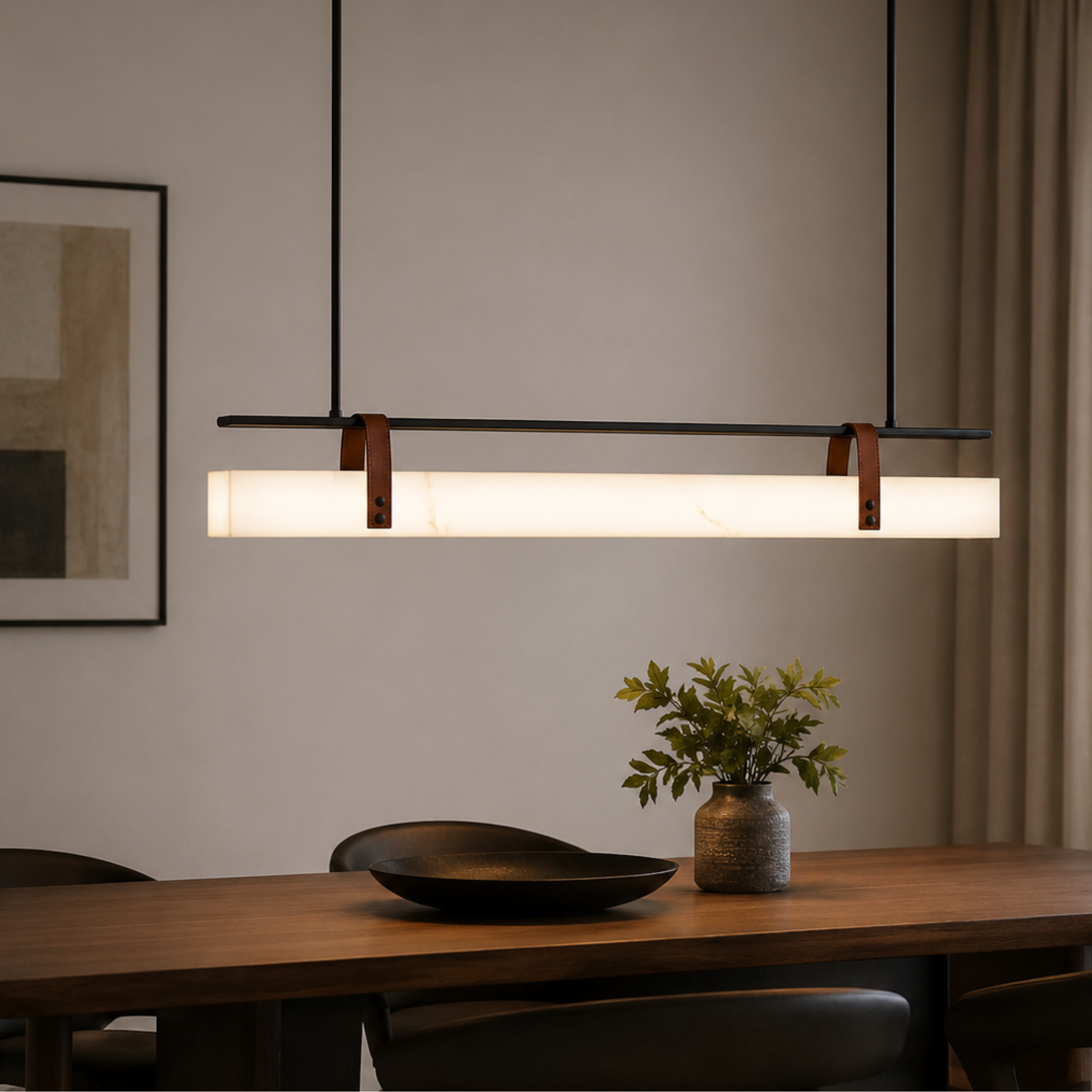Modern pendant light over a dining table with decor items.