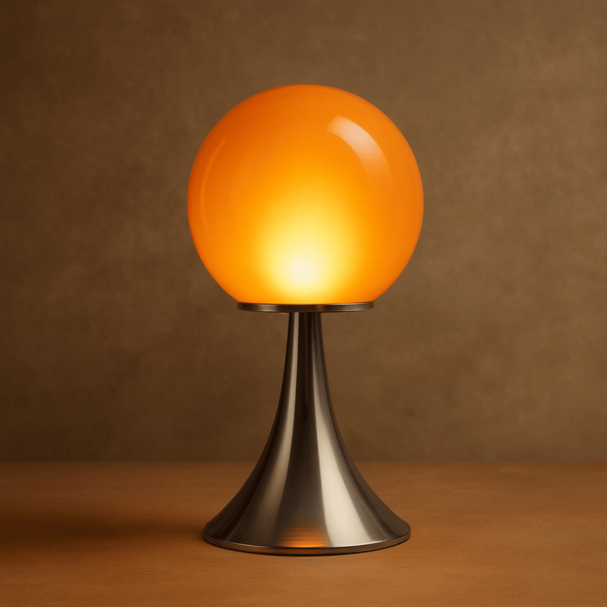 Table lamp with orange globe shade on a brown background