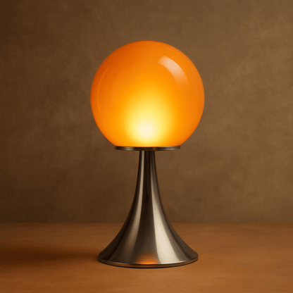 Table lamp with orange globe shade on a brown background