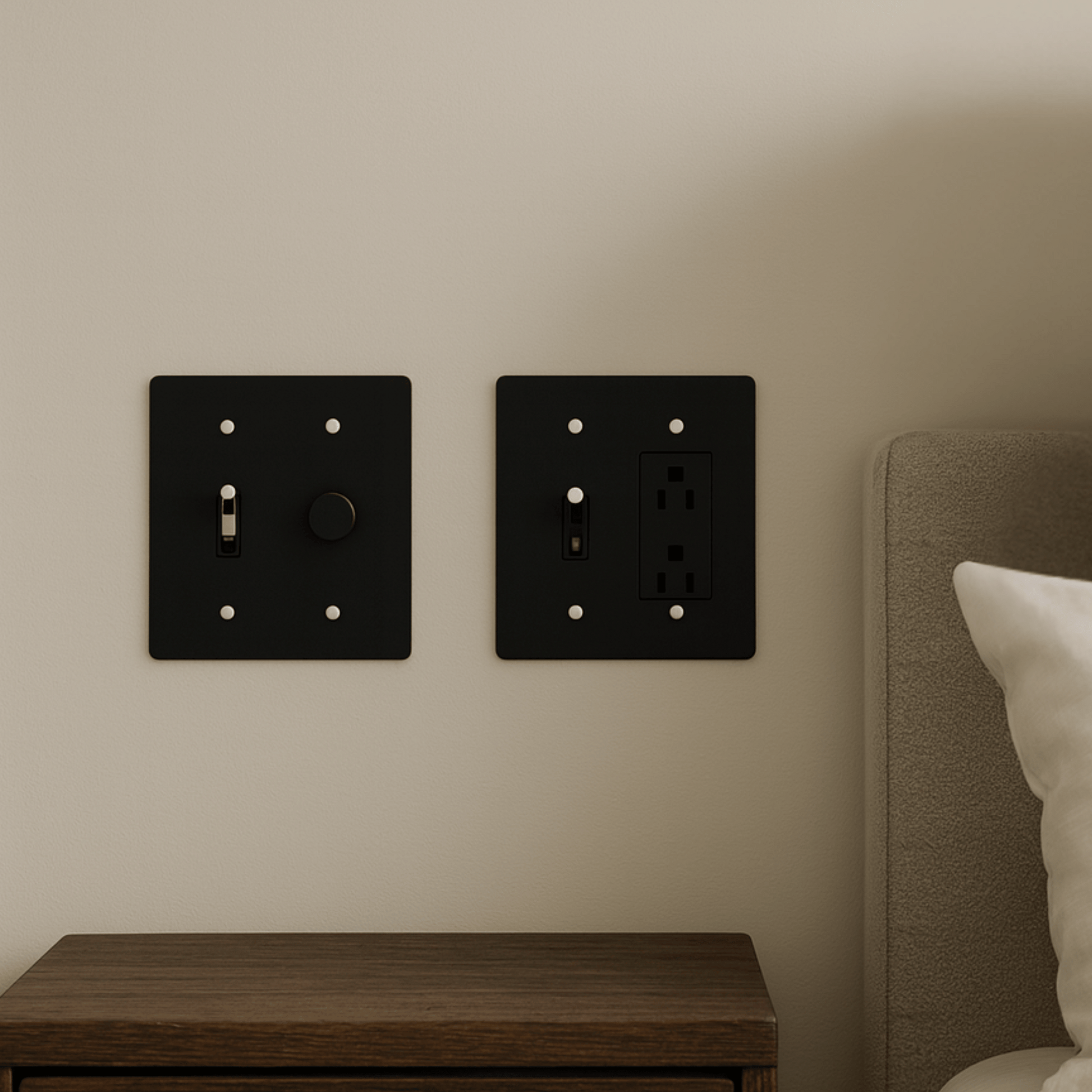 Black light switch and outlet covers on a beige wall next to a wooden nightstand.