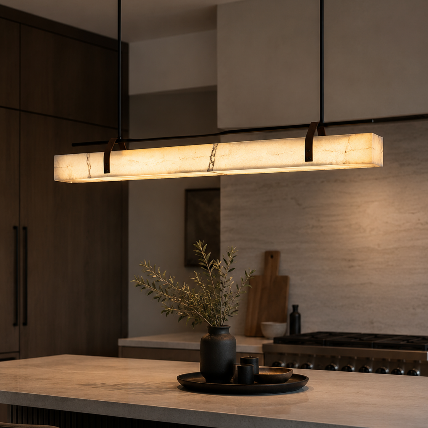 Modern pendant light hanging above a kitchen counter with a vase and plant.
