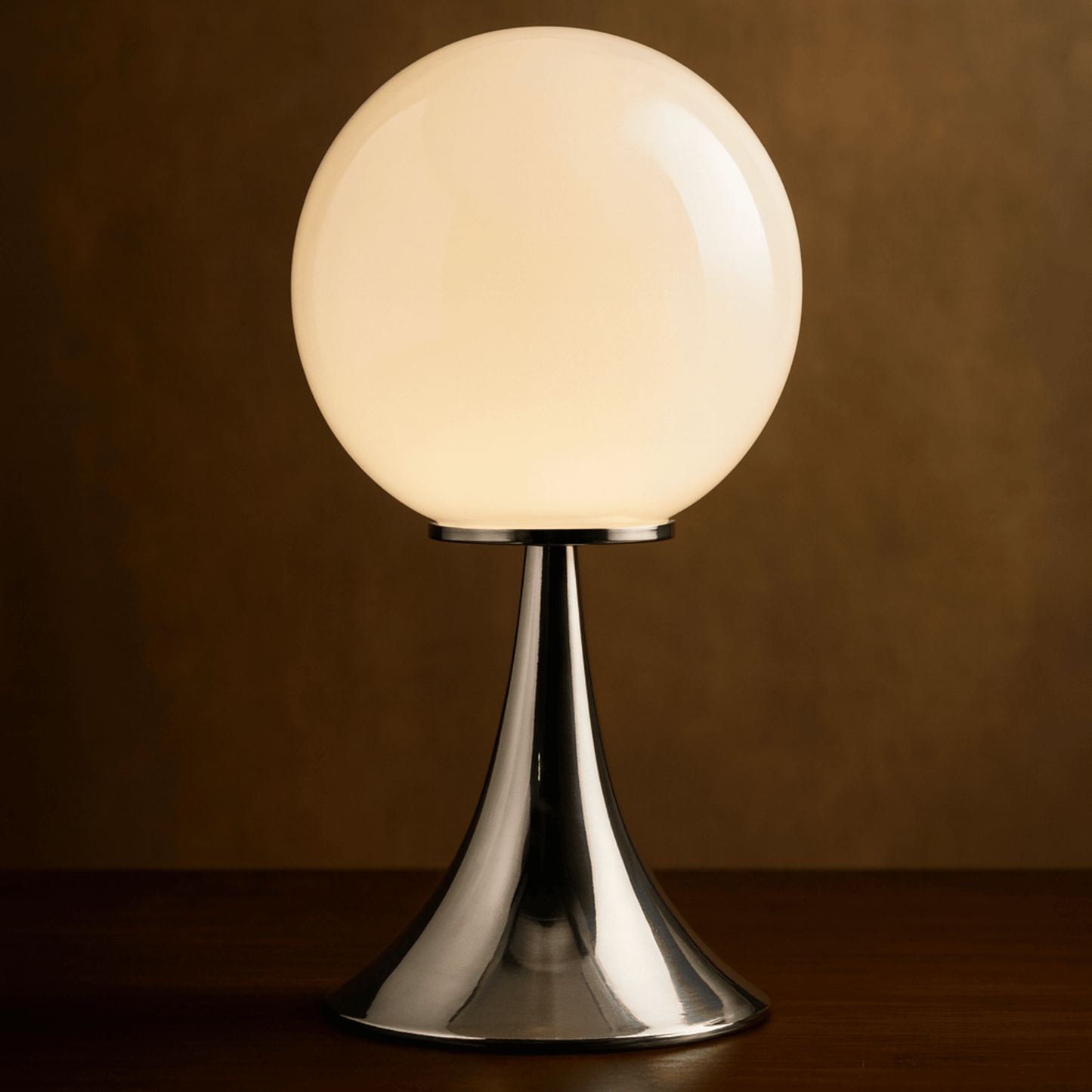 Table lamp with a spherical glass shade on a dark background