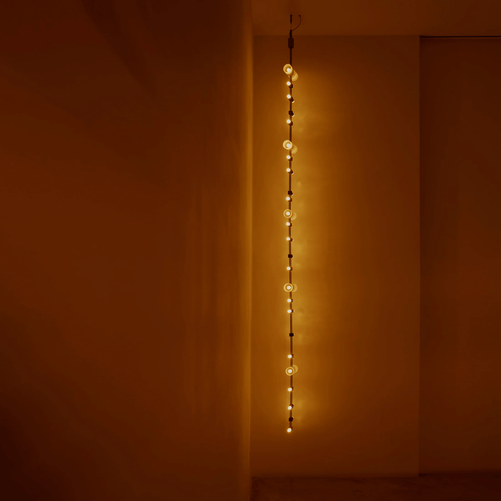 String of lights hanging vertically against a plain wall with warm lighting.