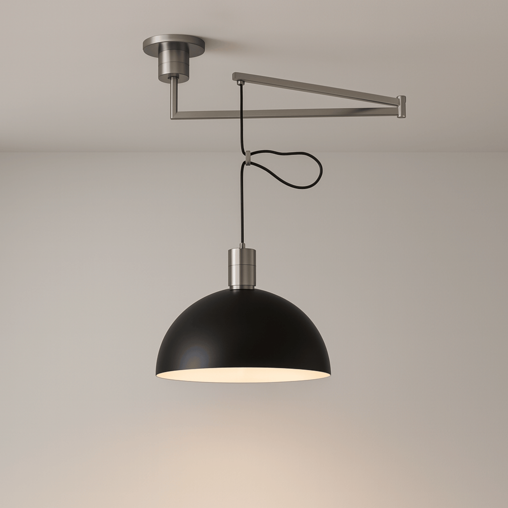 Ceiling-mounted lamp with black shade and metal arm on a neutral background