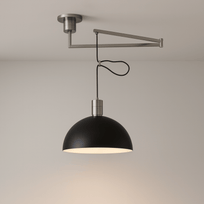 Ceiling-mounted lamp with black shade and metal arm on a neutral background