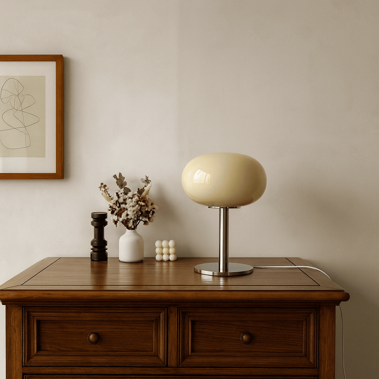 Table lamp on a wooden side table with decorative items against a beige wall.