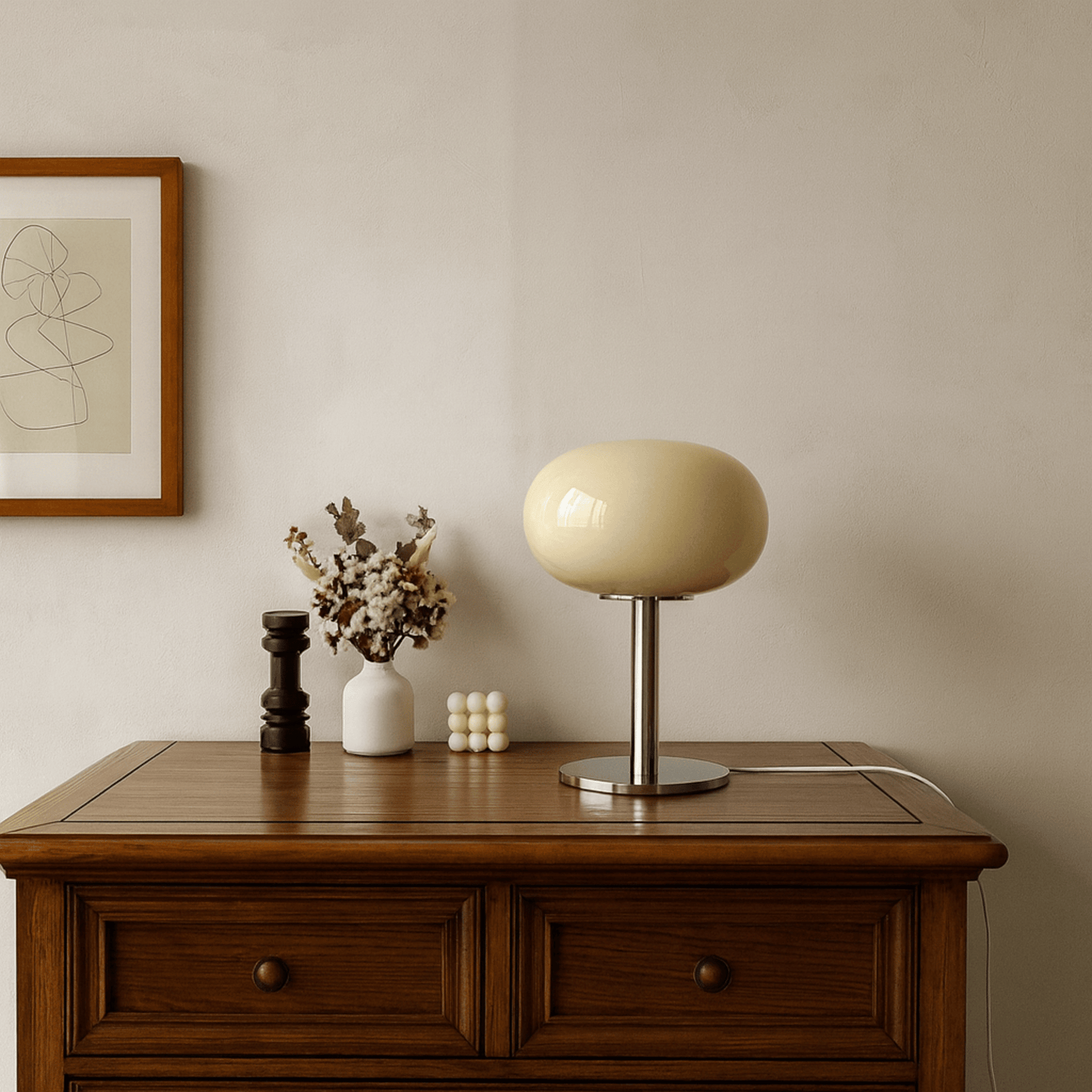 Table lamp on a wooden side table with decorative items against a beige wall.