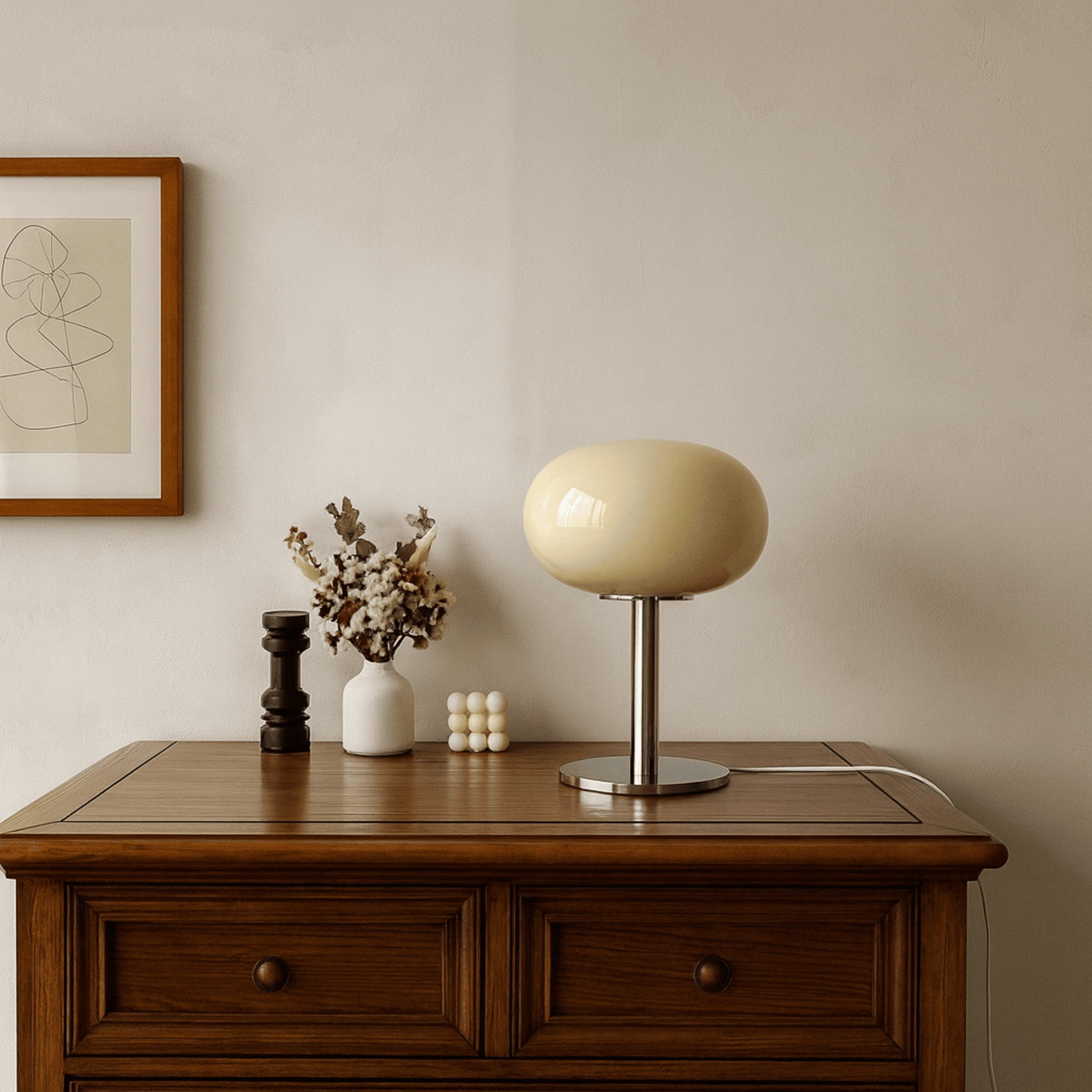 Table lamp on a wooden side table with decorative items against a beige wall.