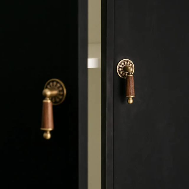 Close-up of a black door with brass handles and wooden knobs.