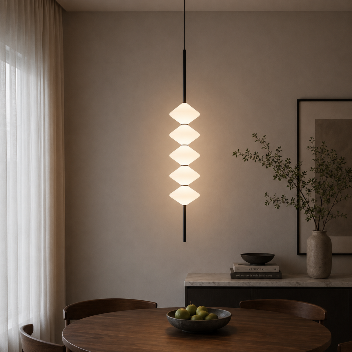 Modern pendant light hanging above a dining table with a bowl of fruit.